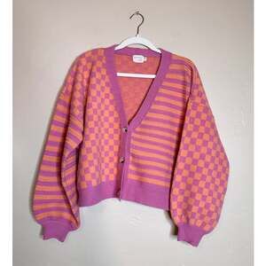 Boutique Dreamers by Debut Pink Orange Pattern Cardigan Sweater S/M